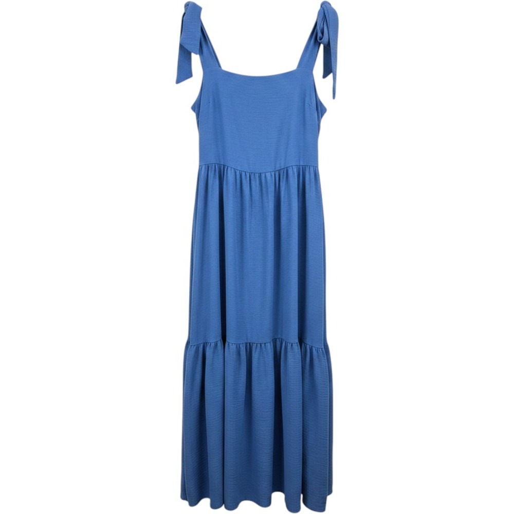 See You Monday Blue Tiered Maxi Dress Womens Medium Tie Strap Square Neck Crepe